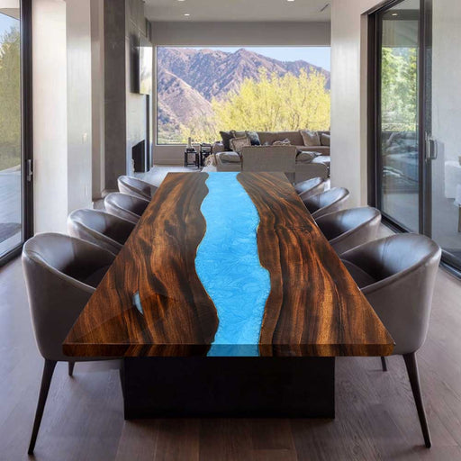Full view of the 42x96 ready-to-ship walnut blue epoxy dining table