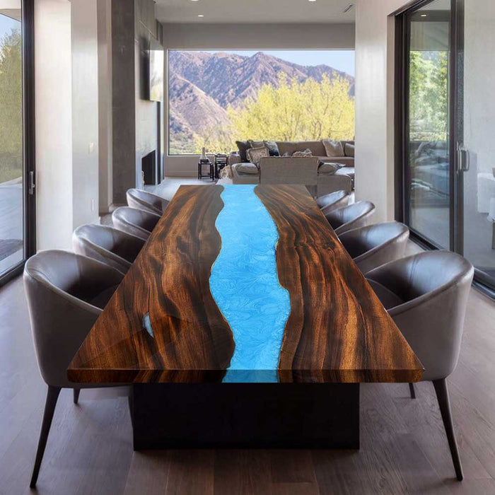 Full view of the 42x96 ready-to-ship walnut blue epoxy dining table
