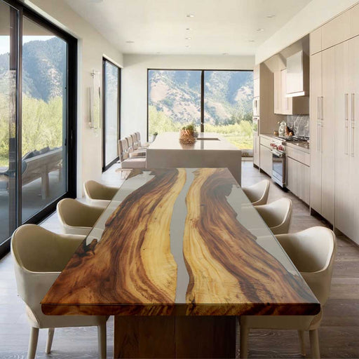 Full view of the 42x96 ready-to-ship walnut epoxy dining table