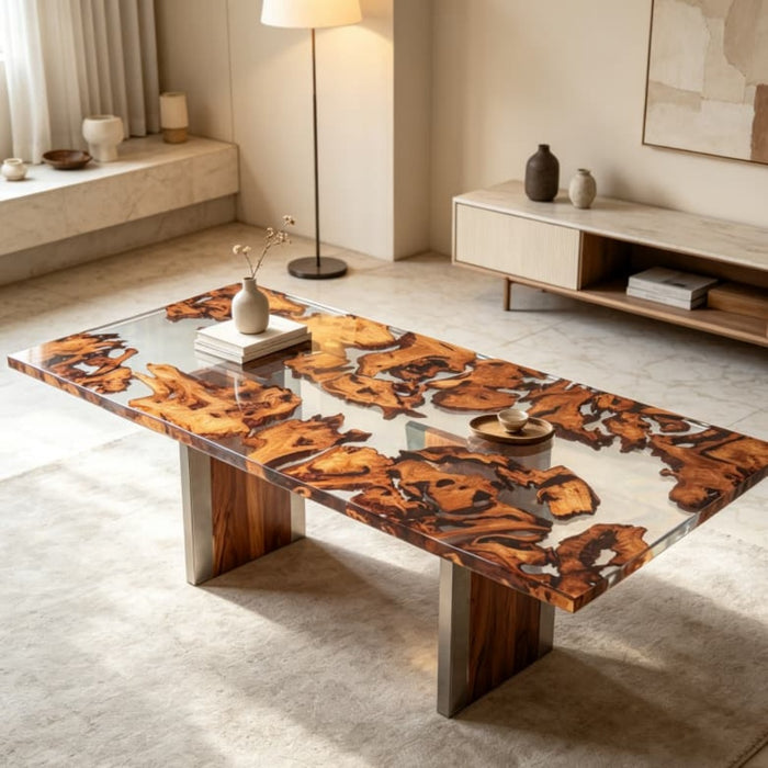 48x108 burl wood epoxy dinning table with clear resin