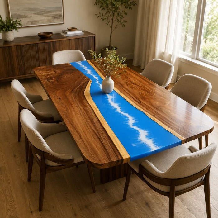 48x108 walnut ocean wave epoxy dinning table with blue and white resin