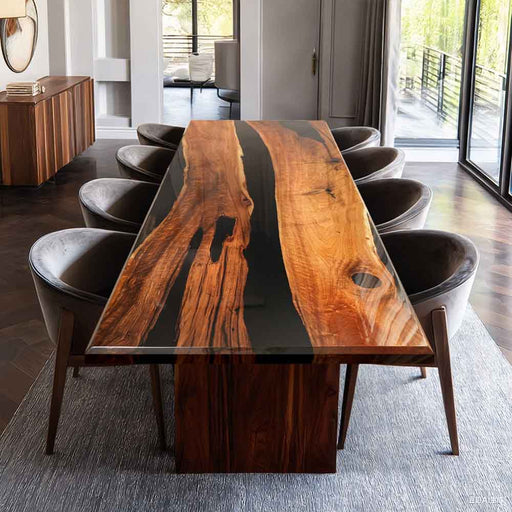 Dining room with a large wooden table and chairs in a modern interior setting.