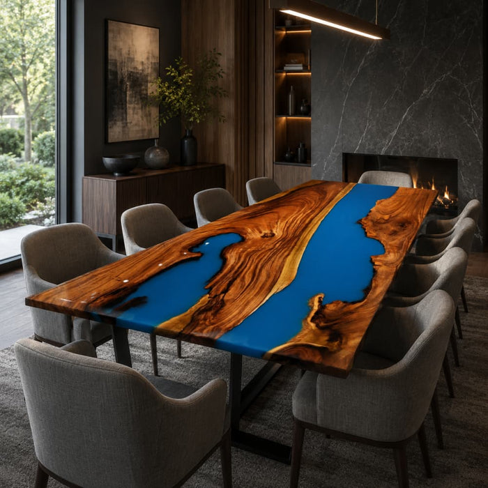 48 x 96 walnut blue epoxy dining table for a modern dining room