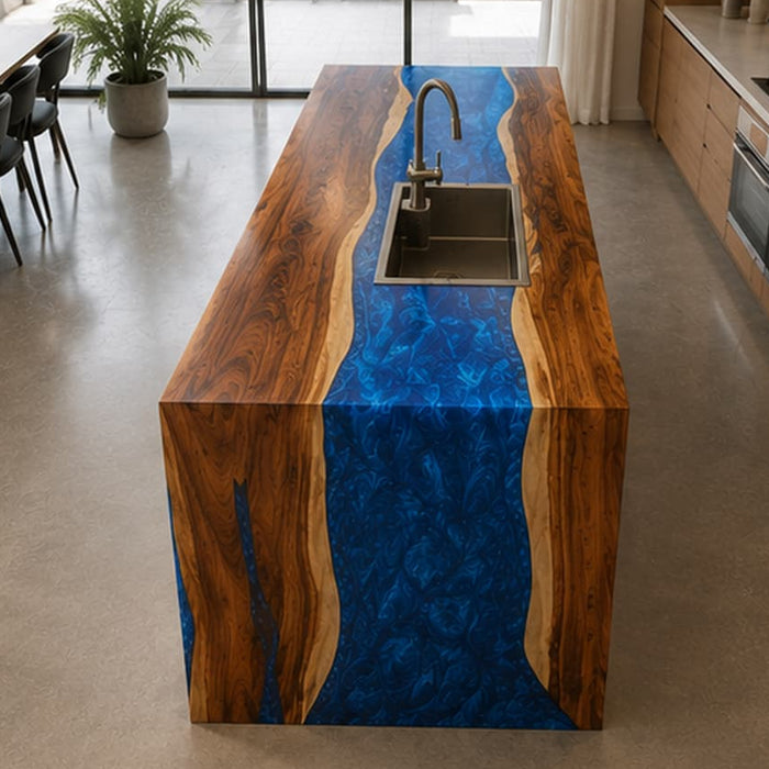49 x 60 walnut blue epoxy waterfall table with natural wood grain