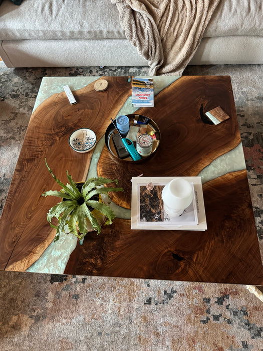 Custom Link for Cindy Tack - 48''W x 48'' L× 15"H Black Walnut with White Swirl Resin Coffee Table