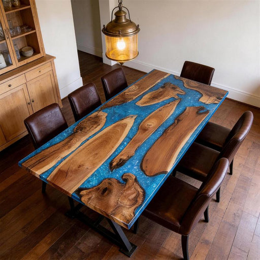 52 x 104 inch black walnut epoxy dining table with blue swirl resin in stock