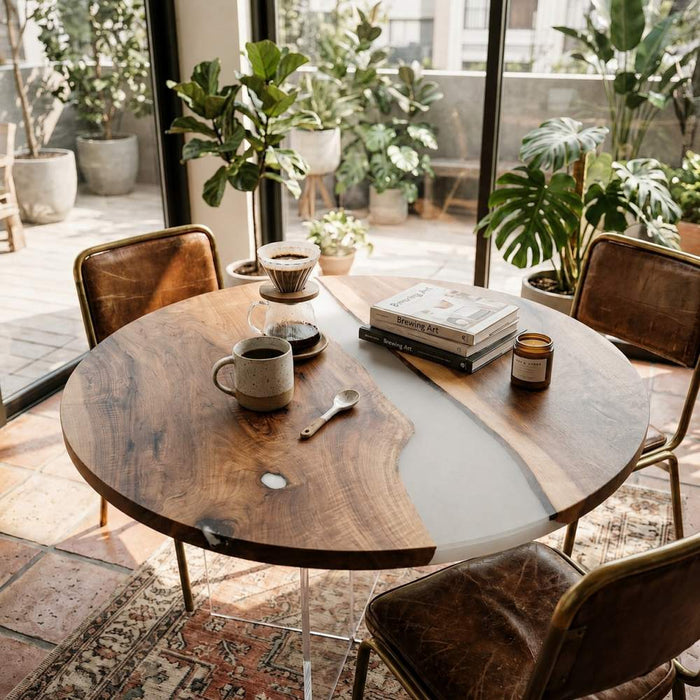 60 inch round black walnut epoxy dining table with smoky gray resin