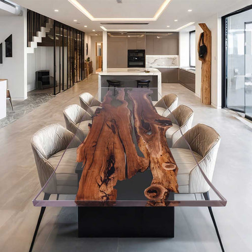 Close-up showing the crystal-clear epoxy resin and natural black walnut wood grain.