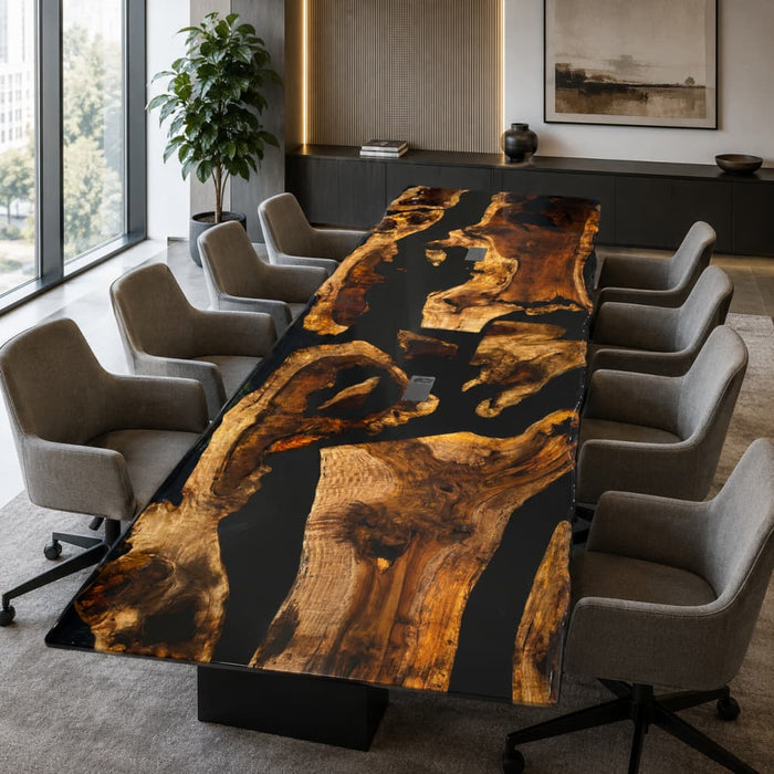 60 x 216 black walnut black epoxy conference table for modern boardroom