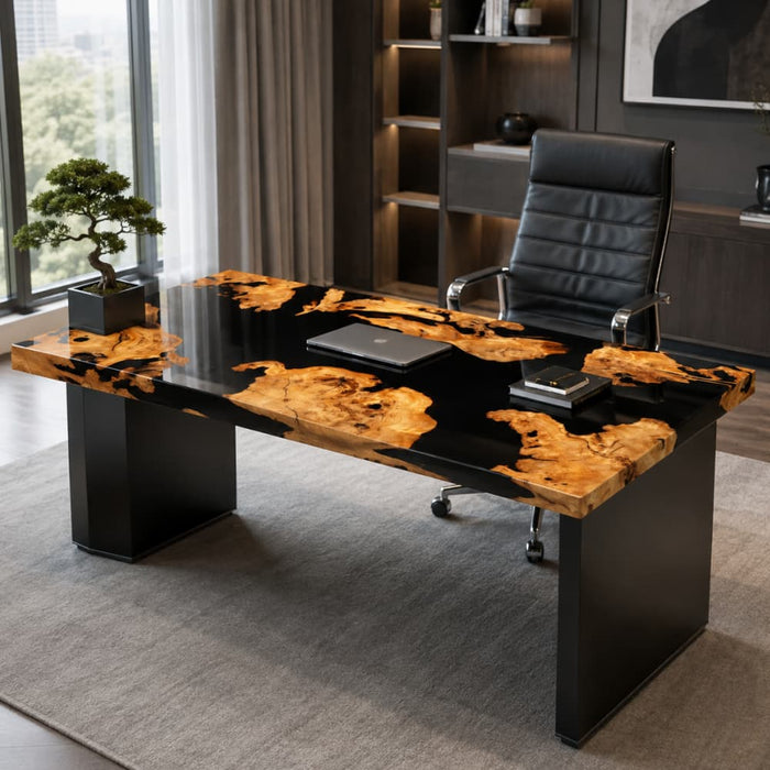 60 x 30 olive wood black epoxy dining table for a modern dining room