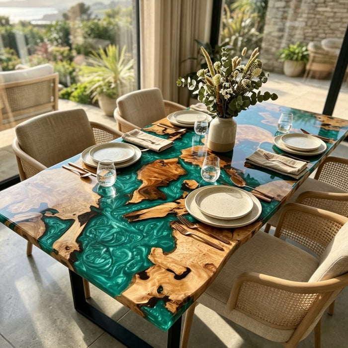 60 x 36 burl green swirl epoxy dining table for a modern dining room