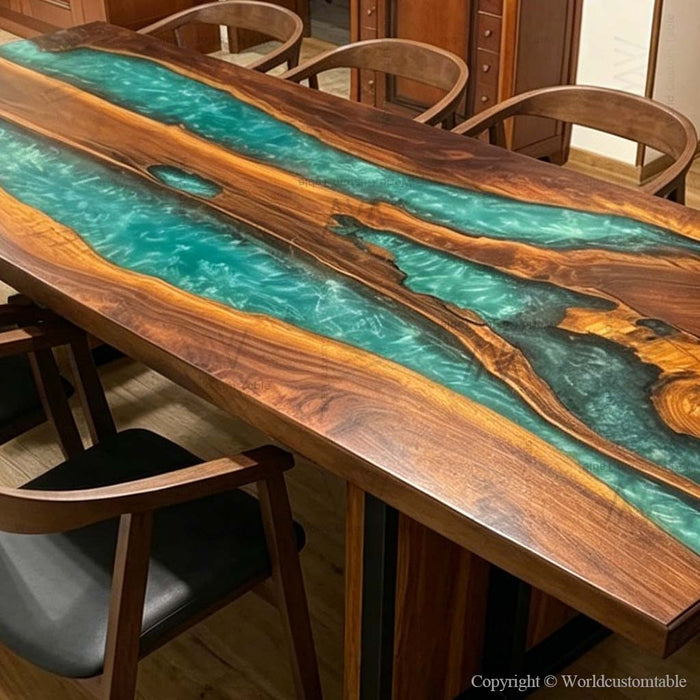 Handmade Black Walnut Emerald Epoxy River Dining & Office Table - V52