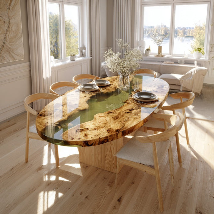 Dining room with a wooden table and chairs in a bright room with large windows.