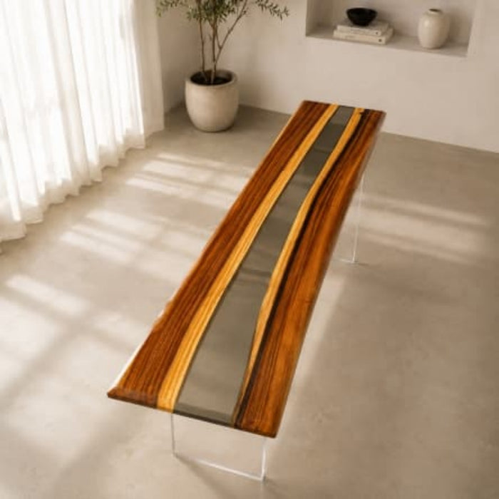 6x26 walnut epoxy console table with translucent gray resin