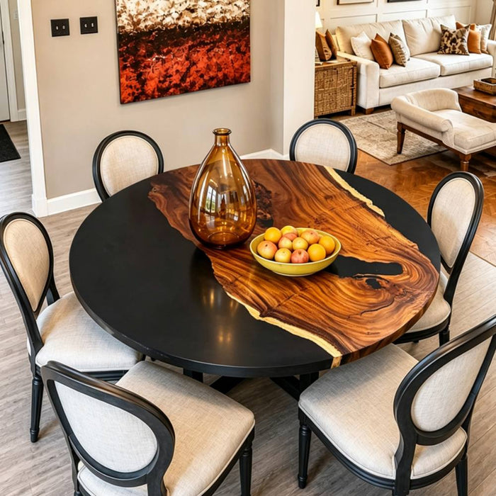 70 inch round black walnut epoxy dinning table with black resin