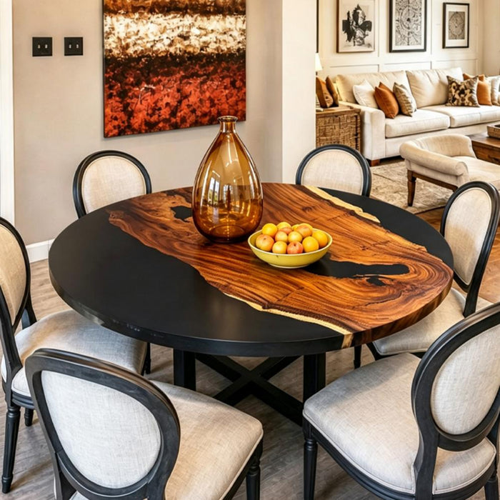 round black walnut dining table with black epoxy resin