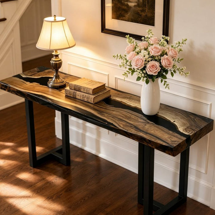 70x14 black walnut epoxy console table with black resin