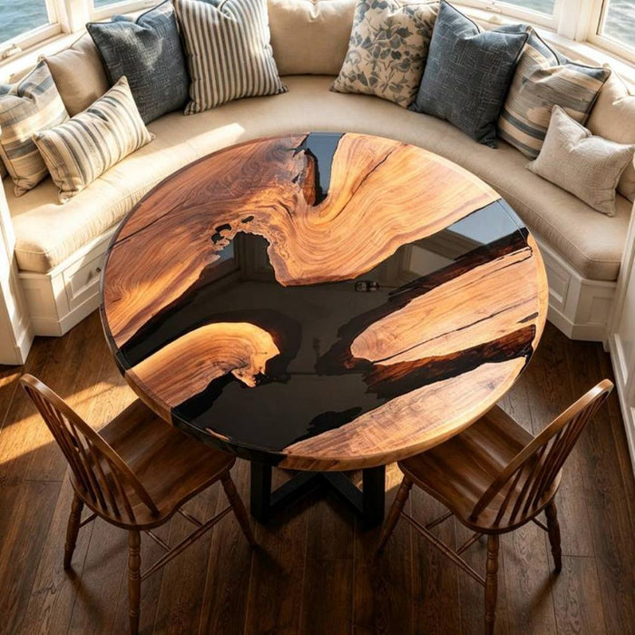 72 inch round black walnut epoxy dinning table with black resin