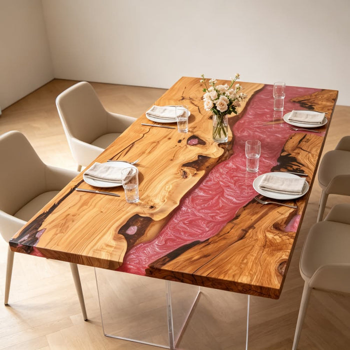 72 x 36 olive wood red swirl epoxy dining table for a modern dining room