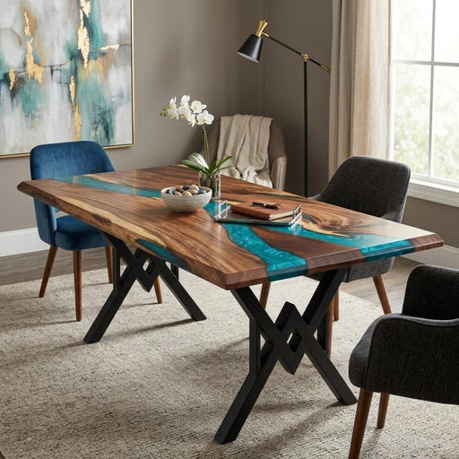 72x36 walnut dining table with blue green epoxy resin