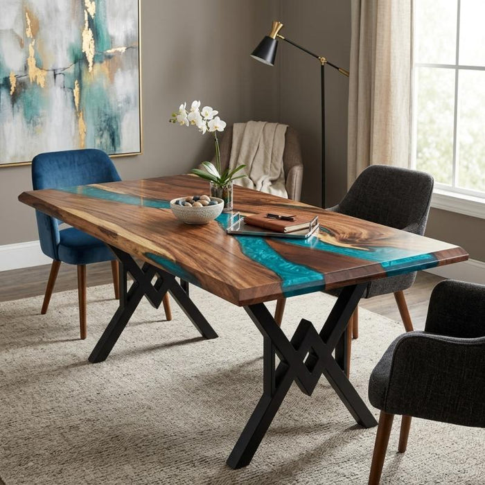 72x36 walnut dining table with blue green epoxy resin