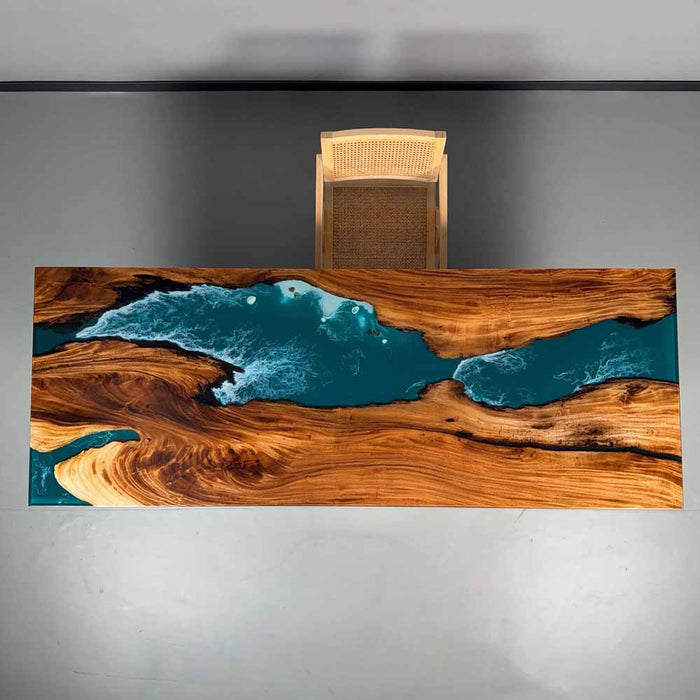 In-Stock 8-Seat 92.5''×35.4'' Walnut Blue-Green Wave Epoxy Table | 4–7 Weeks Delivery - S96