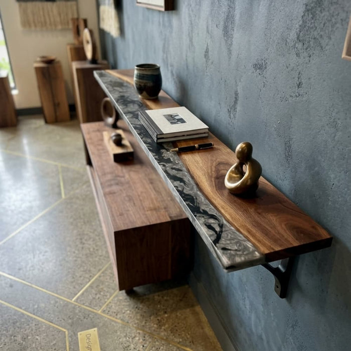 82 inch black walnut gray epoxy floating shelf for modern home décor