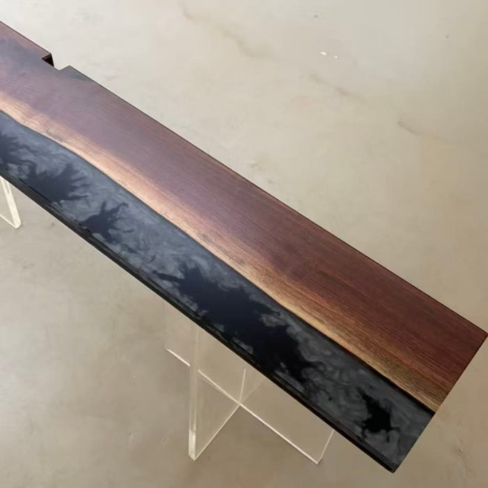 Large black walnut floating wall shelf with gray resin
