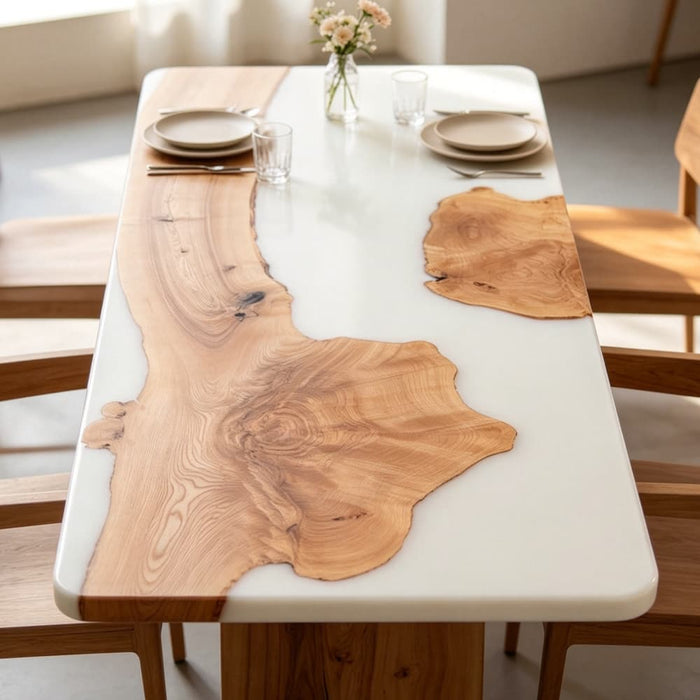 84 inch ash wood white epoxy dining table with natural grain