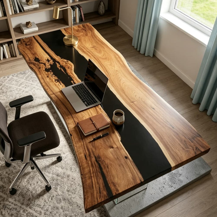 90 inch black walnut epoxy office desk with black resin
