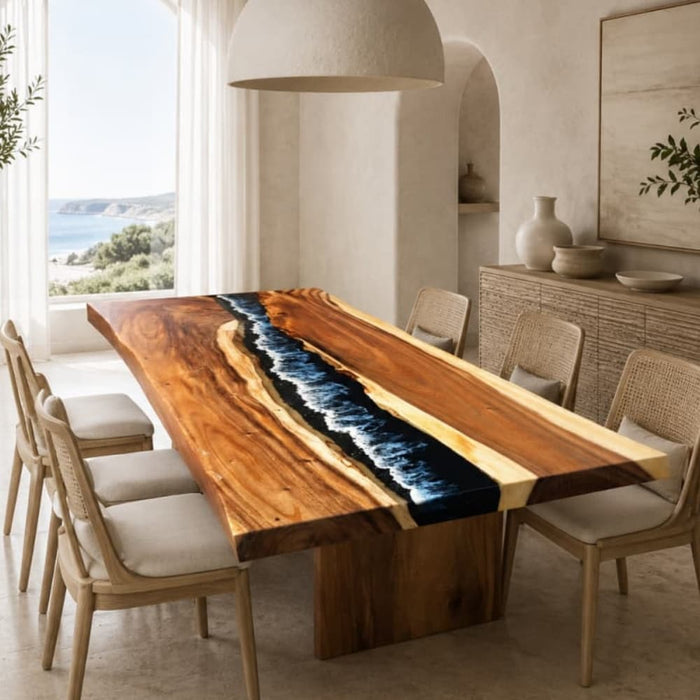 90 x 40 walnut black wave epoxy dining table for modern dining room