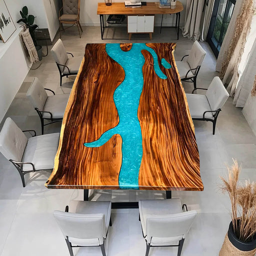 96 inch walnut dining table with ocean blue epoxy river