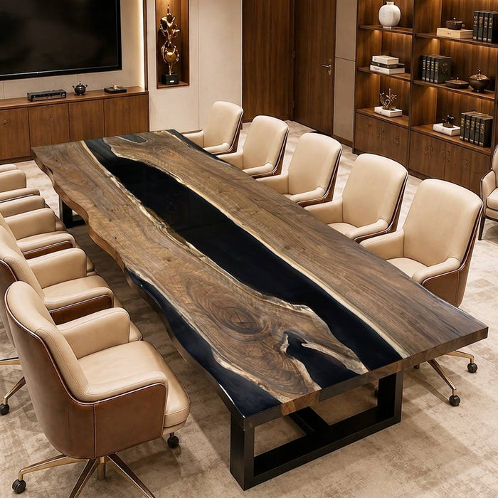 96x42 black walnut epoxy conference table with black resin