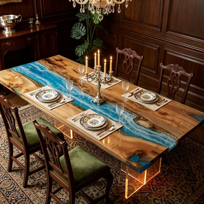 96 x 42 golden camphor blue wave epoxy dining table for a modern dining room