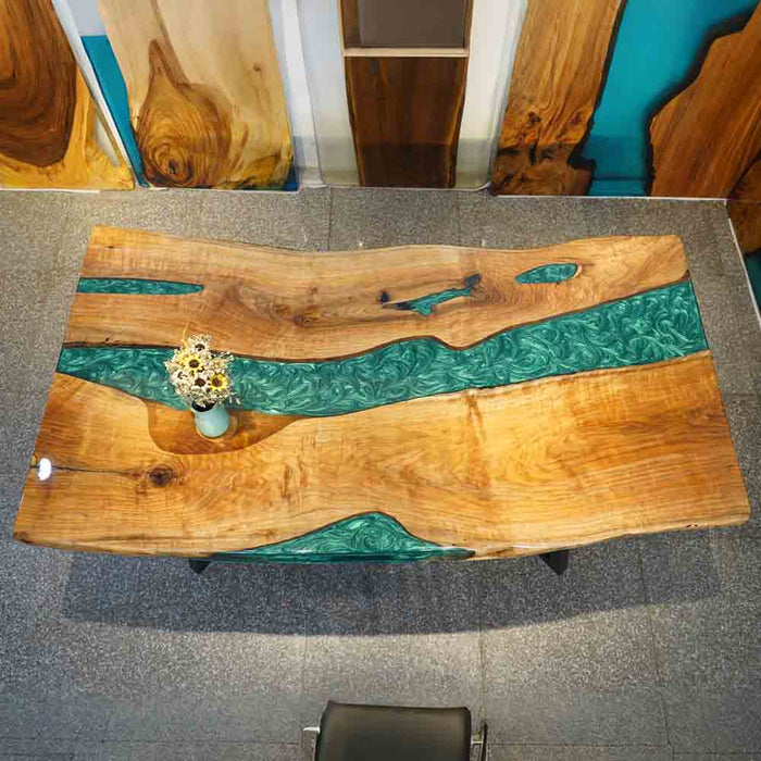 40"x80" Black Walnut Green Epoxy Resin Dining Table – Ready to Ship from Our Factory – S25