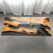 Artistic resin and olive wood table styled in a modern office atrium