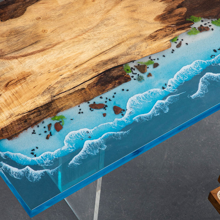 Ocean theme dining table with blue resin and walnut wood