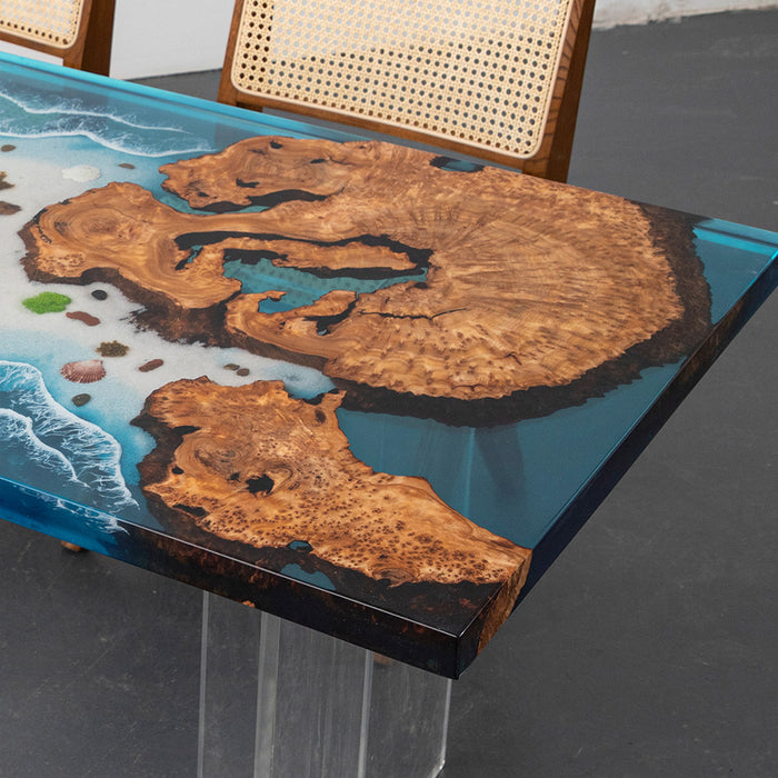 Artistic coastal epoxy furniture featuring Cunninghamia burl and sea-inspired resin