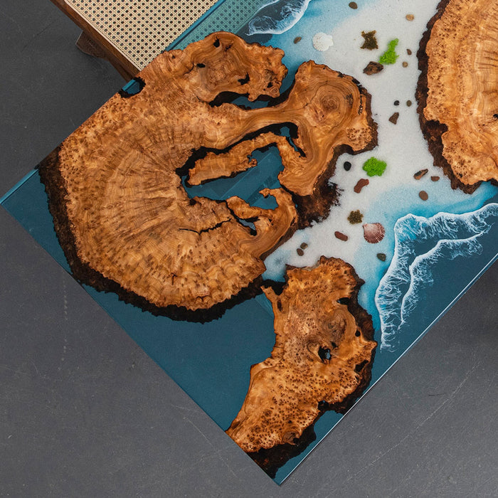 Ocean wave resin design with live edge Cunninghamia burl wood in luxury epoxy table