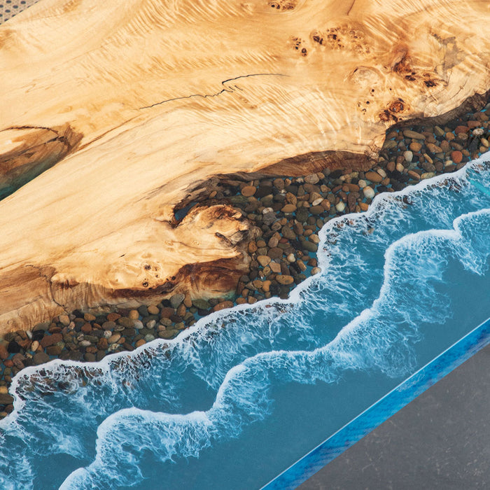 Coastal epoxy table made from poplar wood and ocean resin