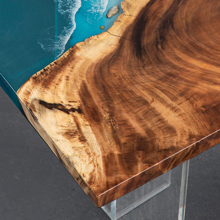 Modern walnut resin wood table with ocean blue epoxy