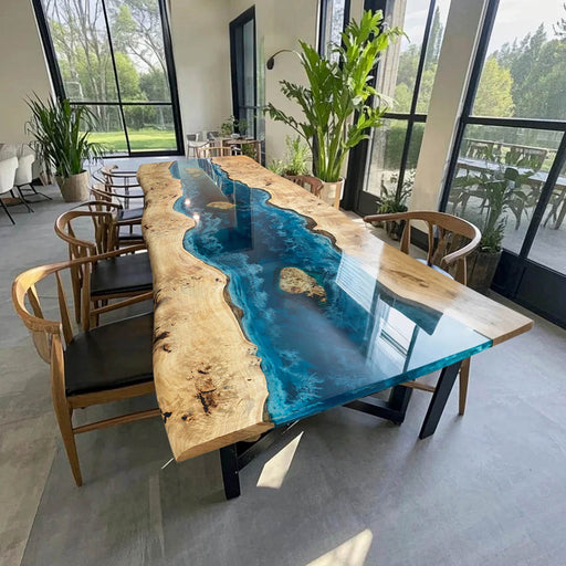 Custom epoxy conference table with ocean blue river and live edge poplar wood