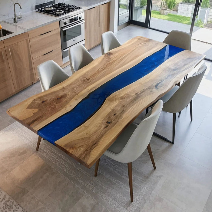 Custom blue resin and walnut epoxy table for home dining