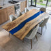 Custom blue resin and walnut epoxy table for home dining