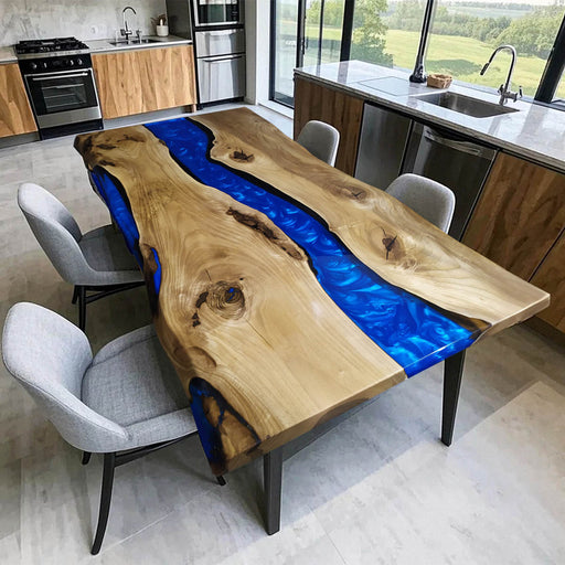 Walnut blue river epoxy dining table for modern kitchens