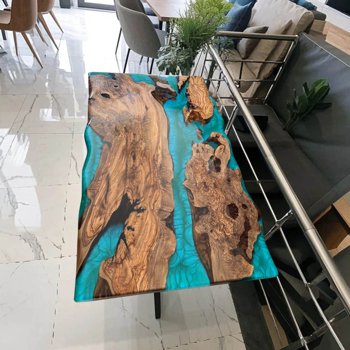 Live edge epoxy river table with rare burl wood and turquoise