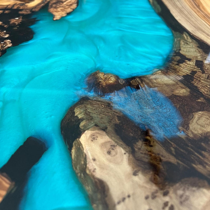 Modern breakfast nook table with burl wood and turquoise epoxy resin