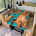 Handmade live‑edge olive wood dining table with turquoise epoxy resin, modern home interior