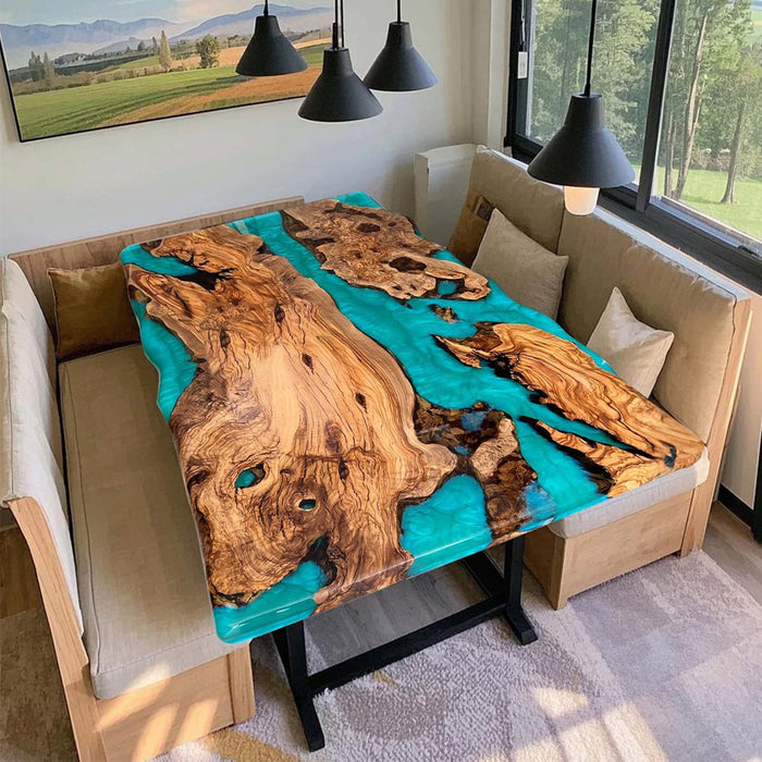 Turquoise epoxy dining table made with Cunninghamia burl