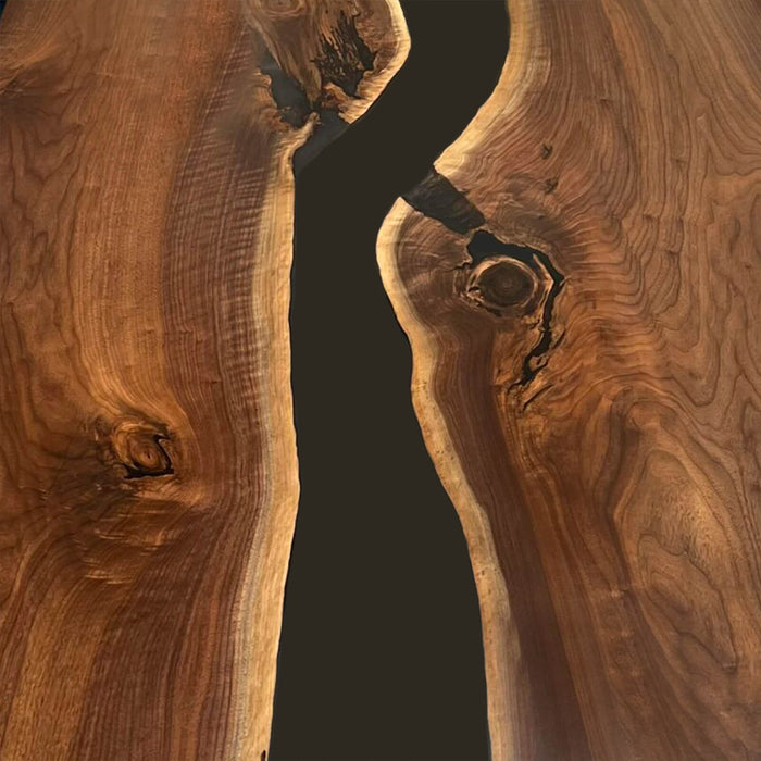 Modern live edge walnut table with black epoxy for dining room